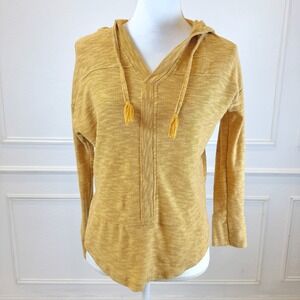 ROXY Women's Yellow Knit Hoodie Pullover V Neck Tassel Drawstring Size Large